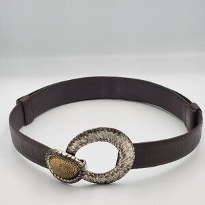 Chicos Brown Adjustable Leather Belt With Textured Silver & Gold Tone Metal Buck